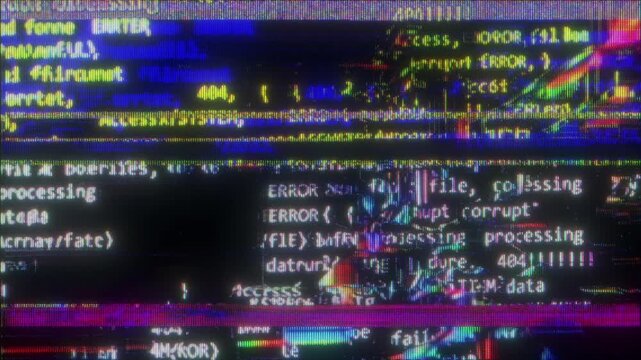 4K Digital Error Code Glitch Animation with Corrupted Text Signal Distortion Noise and Screen Interference as Reusable Interface Overlay Layer for UI HUD Systems Motion Graphics