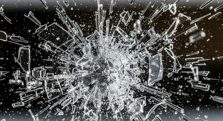Explosive glass shattering with sharp fragments flying everywhere