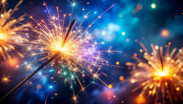Vibrant sparklers ignite night with colorful sparks and bokeh lights