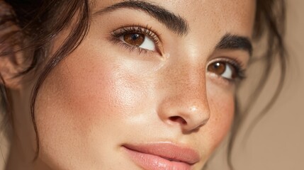 Obraz premium Woman's captivating close up portrait revealing luminous skin, subtle makeup, and expressive brown eyes, emphasizing natural beauty, health, and a fresh look