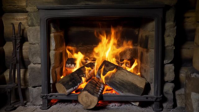 Roaring fire burning logs in a rustic cast iron fireplace surrounded by a stone wall creating a cozy and warm atmosphere for cold winter evenings.