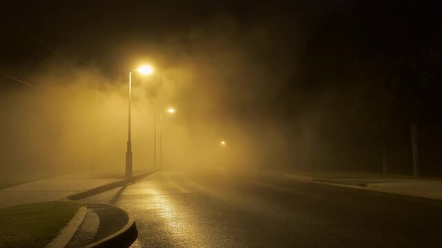 Eerie suburban street at night enveloped in thick golden fog illuminated by a row of warm yellow streetlights reflecting on wet asphalt.