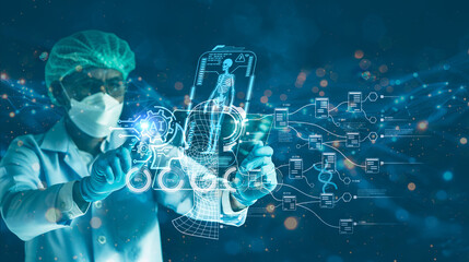 Businessman with an AI digital brain interface standing by a holographic diagram showing data exchange and synergy between human and artificial intelligence in future business strategy.