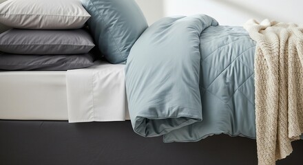 Cozy modern bed with layered pillows in grey and blue, a matching duvet, and a beige chunky knit throw blanket on the side