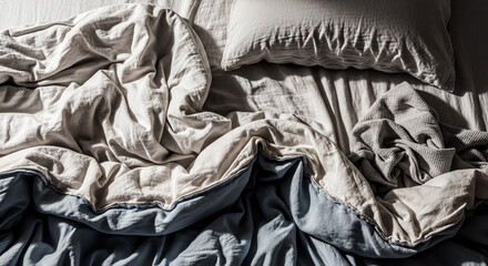 Top view of a messy, unmade bed with grey and blue linens and a pillow, lit by dramatic morning sunlight and shadows