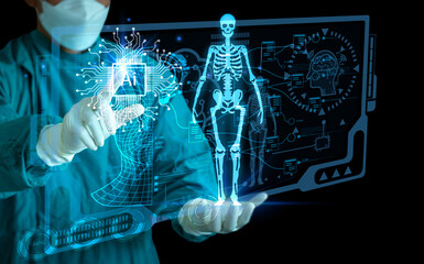 Surgeon interacting with a futuristic holographic screen displaying a human skeleton and AI processor, representing robotic surgery, advanced anatomy diagnostics, and machine learning in healthcare.