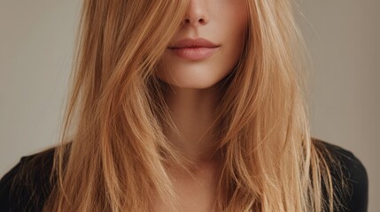 Naklejka premium Woman with natural beauty and long flowing blonde hair gracefully covering part of her face, highlighting her healthy skin, soft lips, and sensual expression