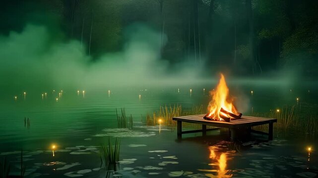 Campfire Burning on a Wooden Platform in a Mysterious Misty Lake at Night Surrounded by Dark Forest and Eerie Green Fog.

