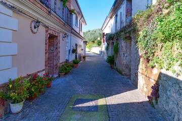 A narrow street among the old houses of Raviscanina, a small town in the province of Caserta, Italy.