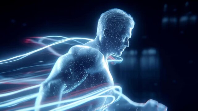 Futuristic athlete made of glowing particles running in slow motion with light trails 