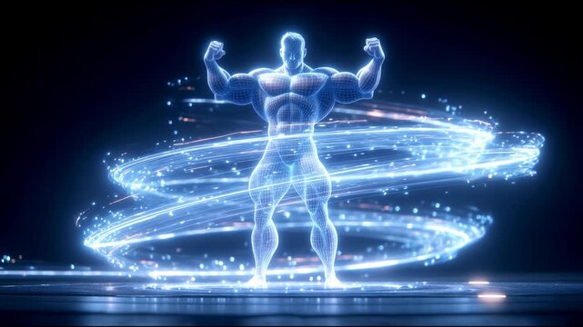Slow motion holographic bodybuilder forming classic pose inside swirling light trails 