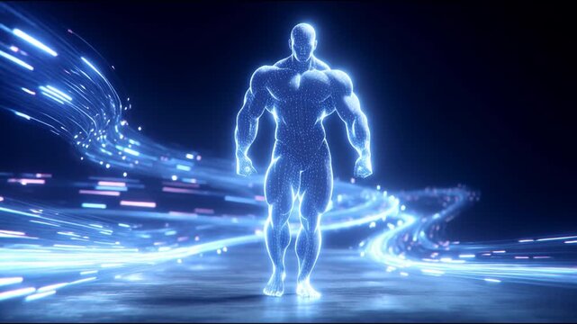 Futuristic holographic bodybuilder walking towards camera through glowing light trails