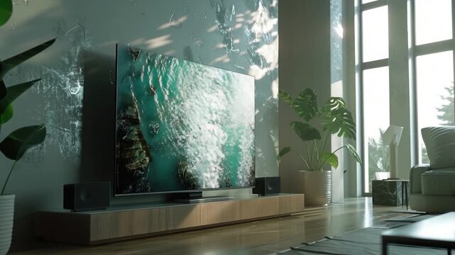 Video A flat screen TV sits on top of a wooden stand, perfect for living room or office use