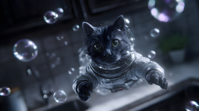 Cat Astronaut Floating in Bubbles: An adorable astronaut cat gracefully floats amongst iridescent bubbles, seemingly in a moment of zero gravity in a kitchen, showcasing a playful and whimsical scene.