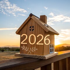 Closeup of wooden house piggy bank with new year number 2026 against sunrise blue sky stock photo