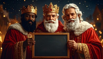 Tres Reyes Magos con coronas doradas y t&uacute;nicas elegantes posan sonrientes sosteniendo una pizarra vac&iacute;a, en una escena navide&ntilde;a m&aacute;gica bajo un cielo nocturno iluminado.