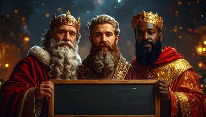 Tres Reyes Magos con coronas doradas y t&uacute;nicas elegantes posan sonrientes sosteniendo una pizarra vac&iacute;a, en una escena navide&ntilde;a m&aacute;gica bajo un cielo nocturno iluminado.