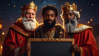 Tres Reyes Magos con coronas doradas y t&uacute;nicas elegantes posan sonrientes sosteniendo una pizarra vac&iacute;a, en una escena navide&ntilde;a m&aacute;gica bajo un cielo nocturno iluminado.