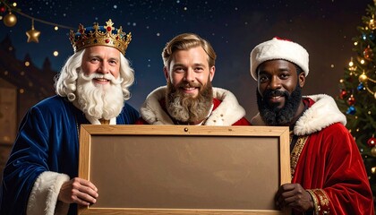 Tres Reyes Magos con coronas doradas y t&uacute;nicas elegantes posan sonrientes sosteniendo una pizarra vac&iacute;a, en una escena navide&ntilde;a m&aacute;gica bajo un cielo nocturno iluminado.