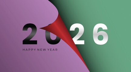 Vibrant 2026 New Year greeting featuring a purple to green gradient and a curled red peel revealing the year. Modern, festive design ideal for celebrations, branding, and seasonal campaigns.