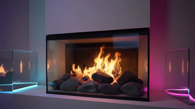 Contemporary glass fireplace insert burning brightly over dark stones flanked by modern neon LED light fixtures in a stylish minimalist living room setting.