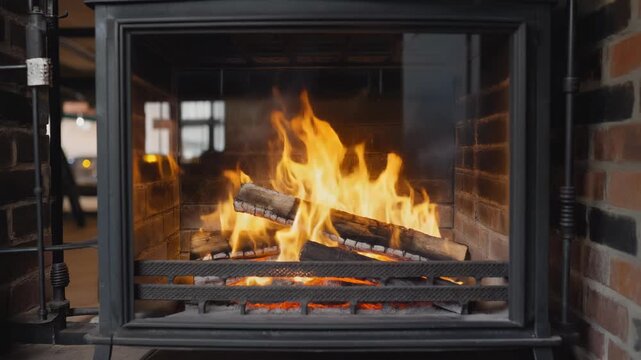Bright Flames Burning Wood Logs in a Modern Enclosed Fireplace Set Against a Brick Wall