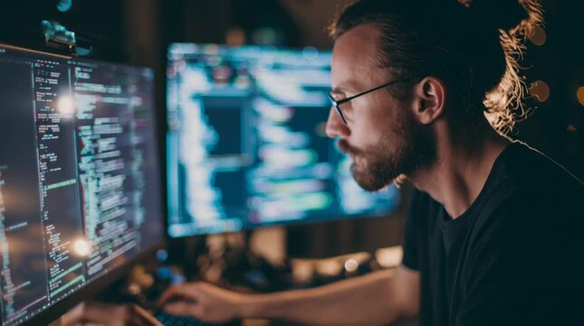 Man coding on dual monitors as the camera slowly tilts from glowing screens to his focused face, capturing concentration, problem-solving and modern software development workflow.
