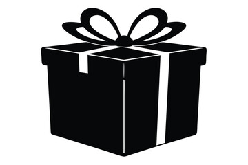 Bold black gift box with ribbon, isolated on a clean white background. Simple, modern vector graphic for celebrations and surprises.