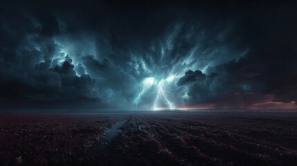 Powerful lightning striking ground during dramatic thunderstorm over vast rural field at dusk