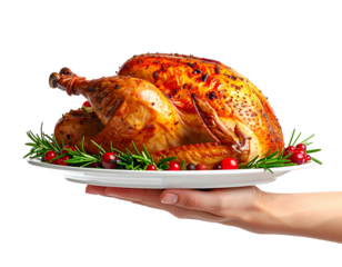 A golden roasted bird on a platter, garnished with herbs and berries