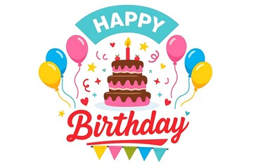 Happy Birthday Celebration Illustration with Cake, Balloons and Confetti Isolated on White Background