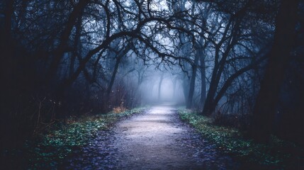 Fototapeta premium Forest path disappearing into foggy mystery, dark trees framing a spooky woodland scene on a misty autumn morning
