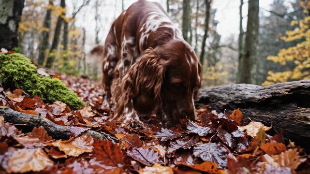 Irish setter dog sniffing autumn leaves in forest. Animal searching for scent trail, hunting breed behavior footage.
