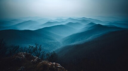 Naklejka premium Mountain ranges layering, creating a deep perspective and sense of depth with blue hues and atmospheric fog