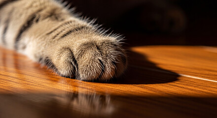 Close-up of a brown tabby cat's paw resting on a polished wooden surface with dramatic sunlight and shadows