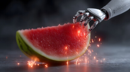 Robot Grasping Watermelon: A robotic arm, metallic and precise, delicately holds a vibrant slice of watermelon. Sparks of energy dance around the fruit.