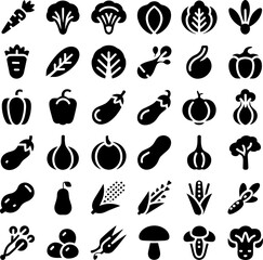 Black and White Vegetable Vector Icon Collection for Branding and Design