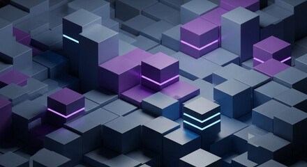 Futuristic 3D purple and blue cubes with neon lights