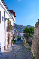 A narrow street among the old houses of Raviscanina, a small town in the province of Caserta, Italy.
