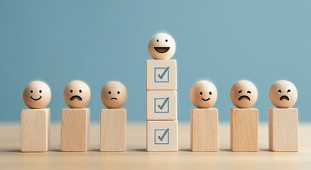 A cheerful wooden figure stands atop blocks, surrounded by various expressions, illustrating emotions and feedback.