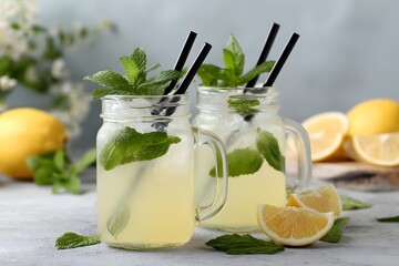 Refreshing Lemonade in Jars With Mint Leaves
