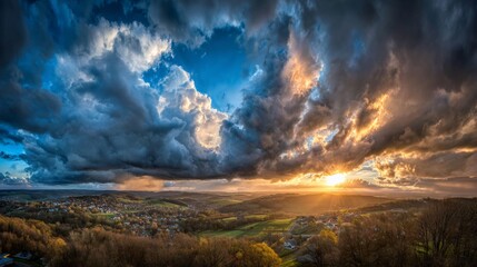 Dark cumulus storm clouds creating a dramatic sky with golden sunset light breaking through over a wide valley and town