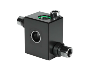 Black metallic cubic component with threaded connectors