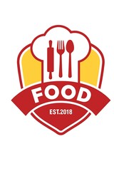 Food Restaurant Logo Design with Chef Hat and Cutlery Isolated on White Background