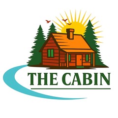 Rustic Cabin Logo Design with Forest and Sunrise Isolated on White Background