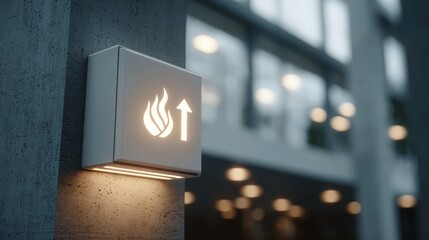 A modern fire safety sign featuring a flame icon and an upward arrow, indicating a fire exit, illuminated in a contemporary indoor setting.