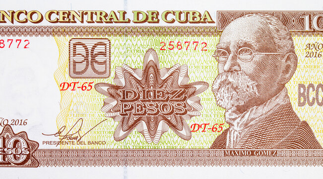 10 Pesos Cuba with a portrait of General Maximo Gomez. Paper money Cuba.
