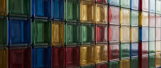 Detailed closeup of vibrant glass panels in urban interior, Spectacular close glimpse of multicolored glass blocks forming textured privacy screen in modern loft