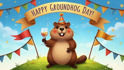 Obraz premium Happy groundhog day celebration with party hat and champagne