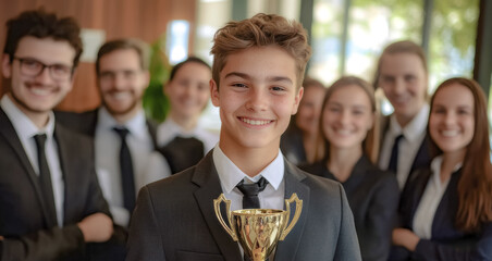 A smiling business person celebrates a milestone achievement, supported by a dedicated team visible in the background of the event.